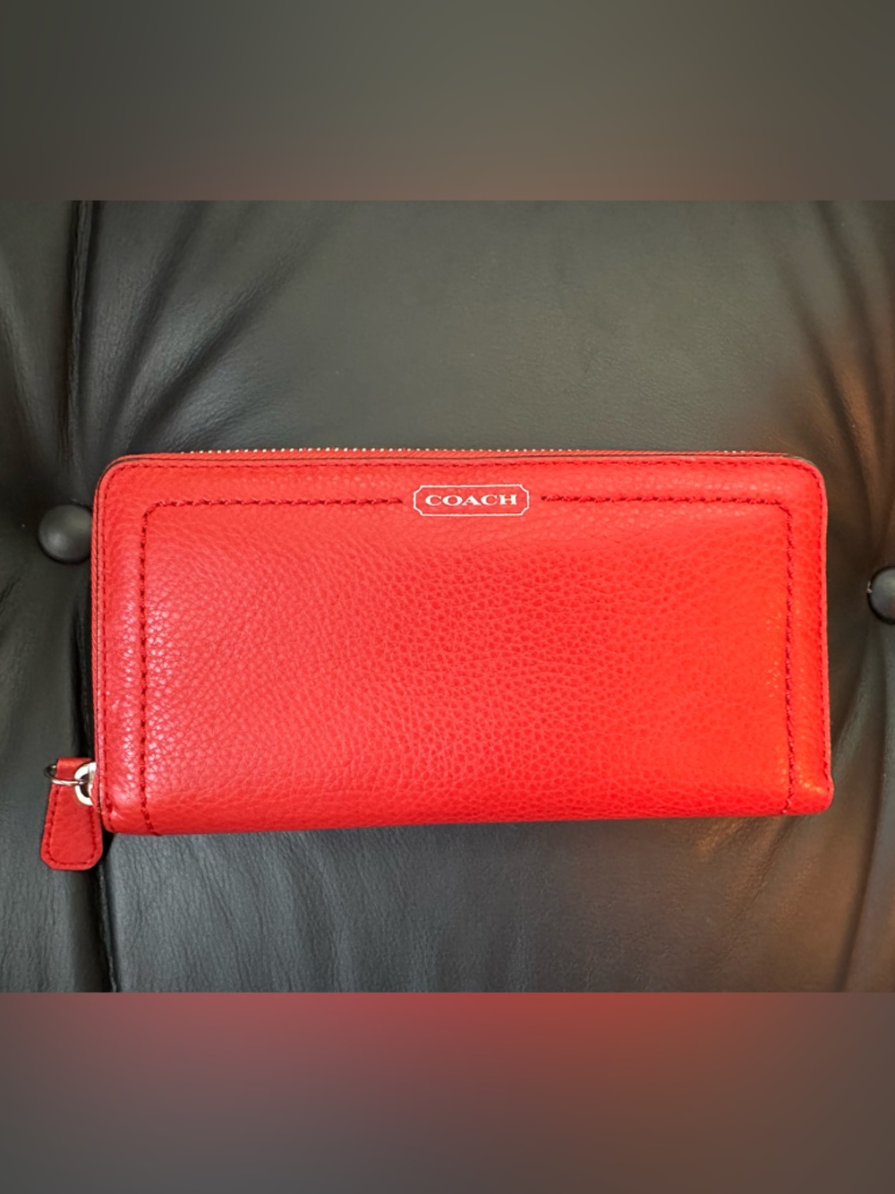 Coach Red/Orange Leather Zip Around Wallet Accordion Card Case Coin Pocket